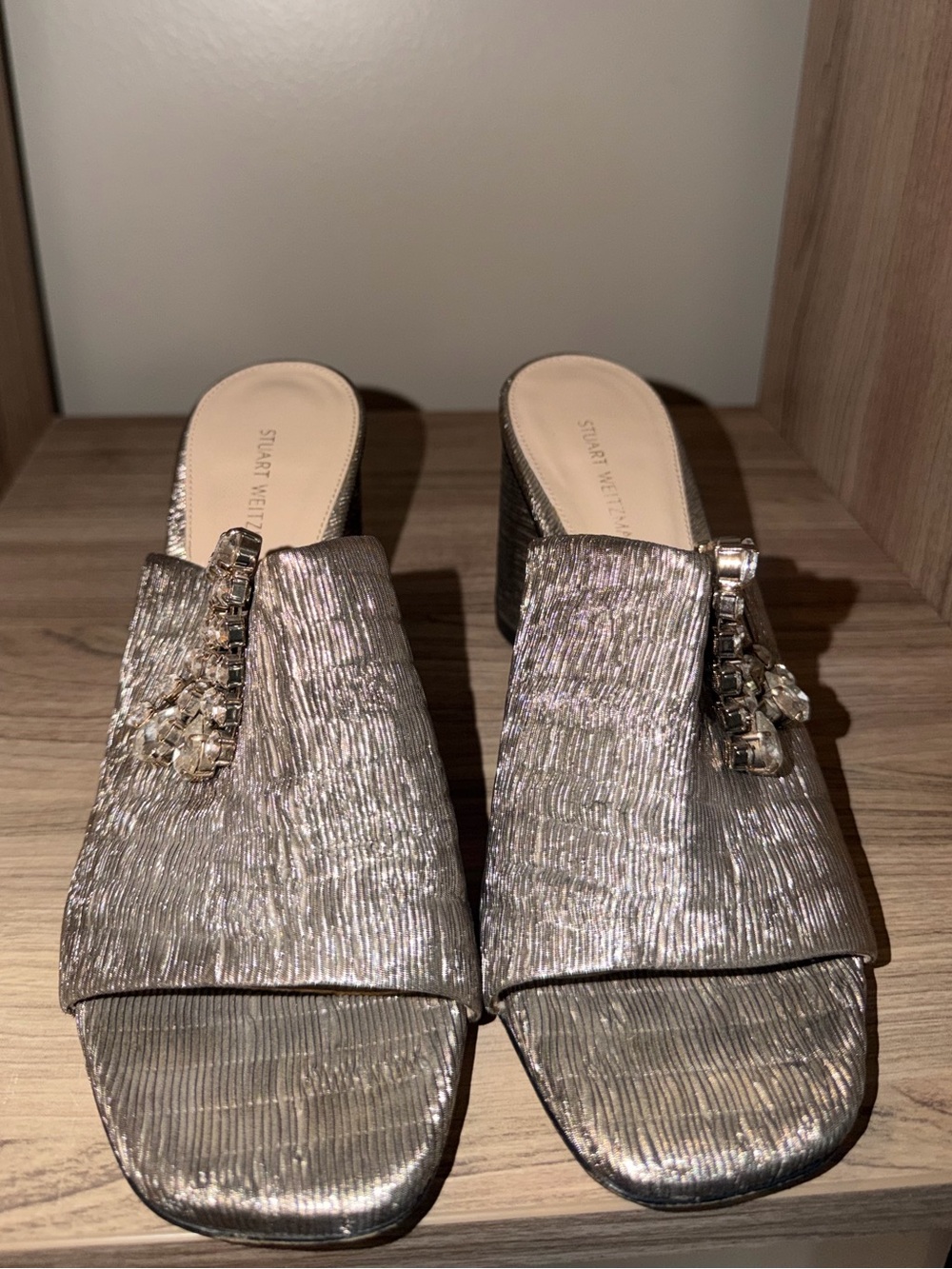 Stuart Weitzman Metallic Pewter Jewel-Embellished Slide Mules